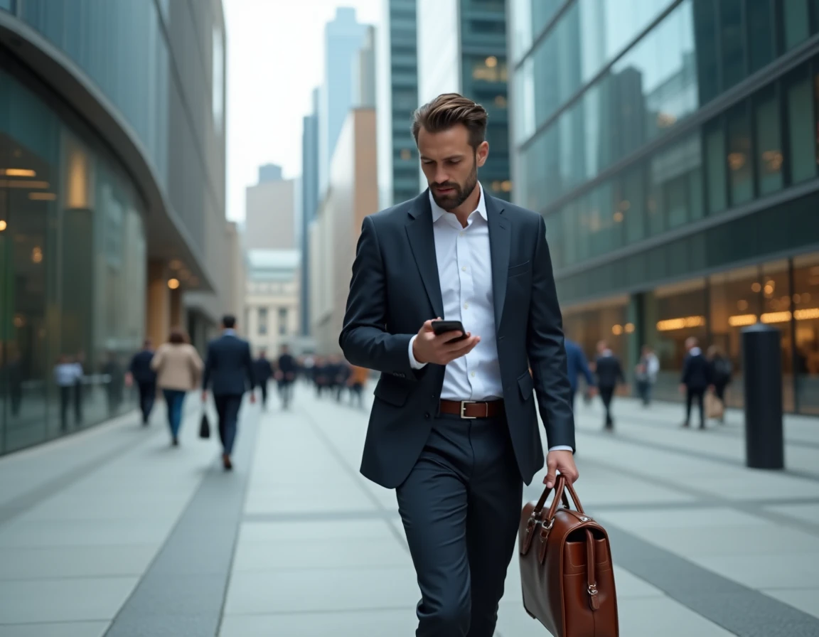 Homme d'affaires marchant dans un quartier financier urbain moderne avec gratte-ciels, symbolisant les actualités et tendances du monde des affaires