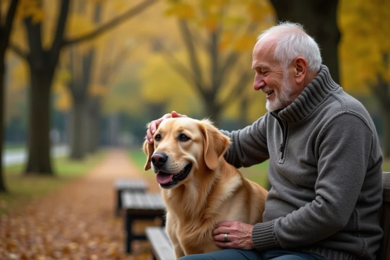 Homme âgé avec chien retriever dans un parc automnal