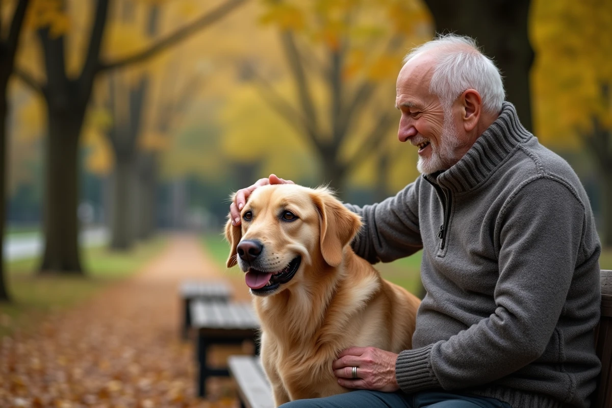 Homme âgé avec chien retriever dans un parc automnal