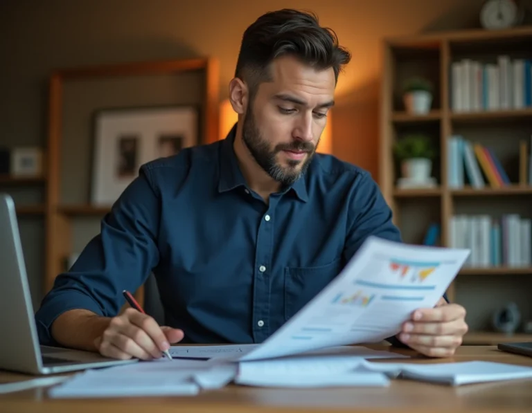Homme analysant des documents financiers liés à un PEA et un compte-titres sur son bureau à domicile