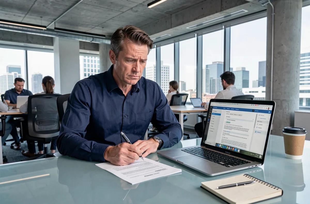 Homme en costume d'affaires analysant des documents juridiques liés à l'utilisation de l'IA dans la rédaction littéraire dans un bureau moderne