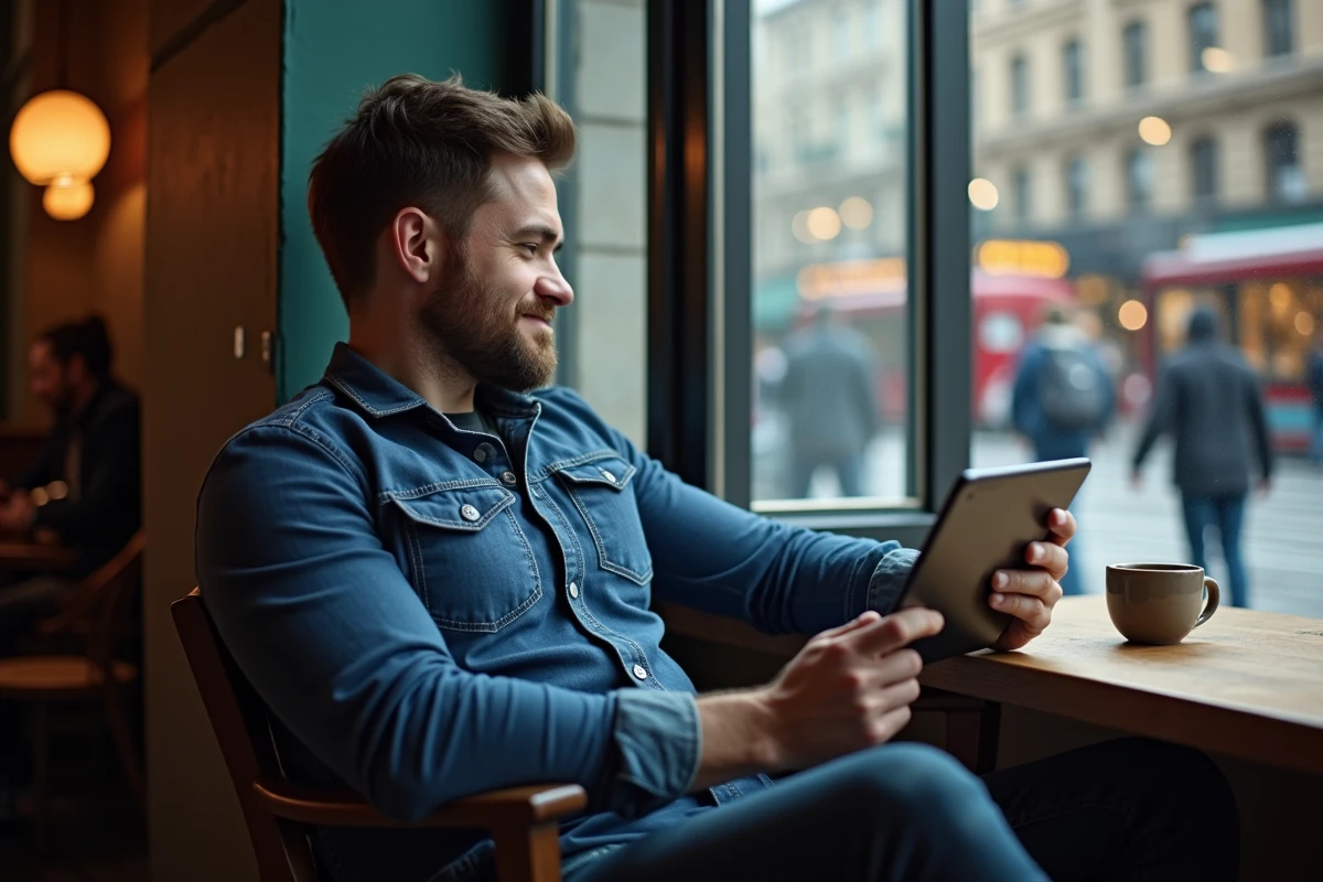 Homme relaxant au café regardant sa tablette