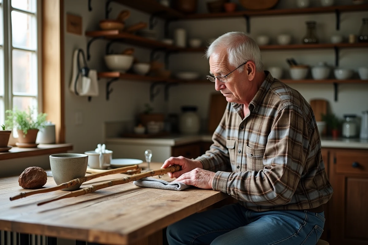 Homme senior essuyant des baguettes de fouille dans une cuisine rustique