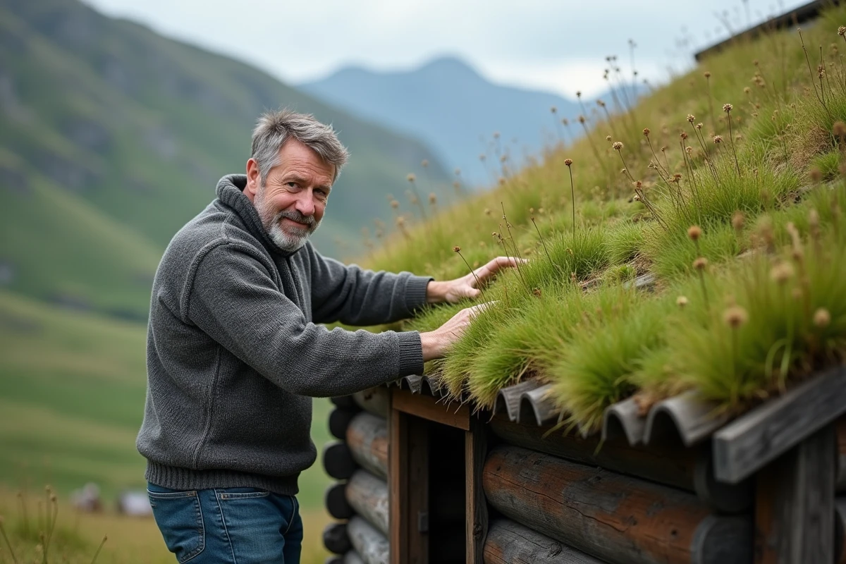 Homme norvegien en laine verte sur toit de cabane en bois