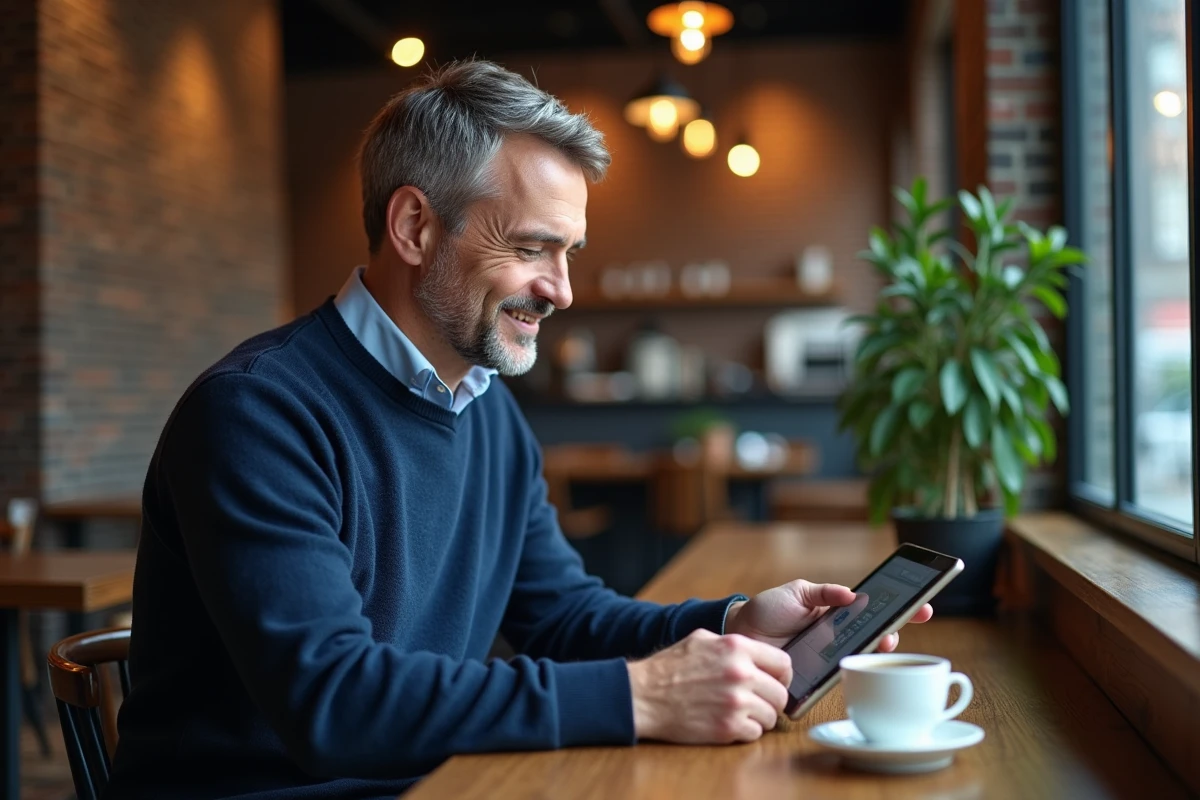 Homme planifiant un trajet en bus avec Mappy sur une tablette dans un café