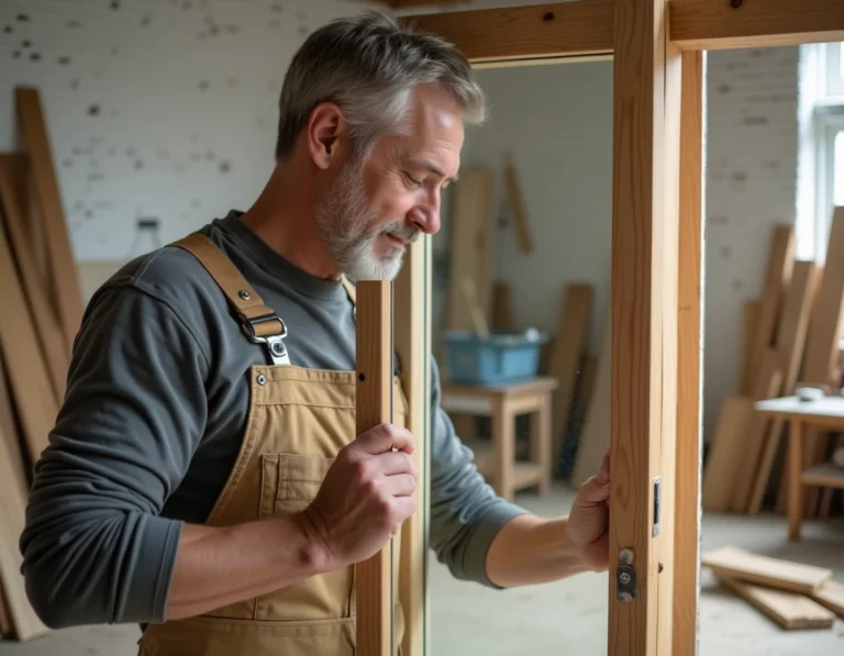 Menuisier installant un verre dormant dans un cadre de porte en bois dans un atelier artisanal