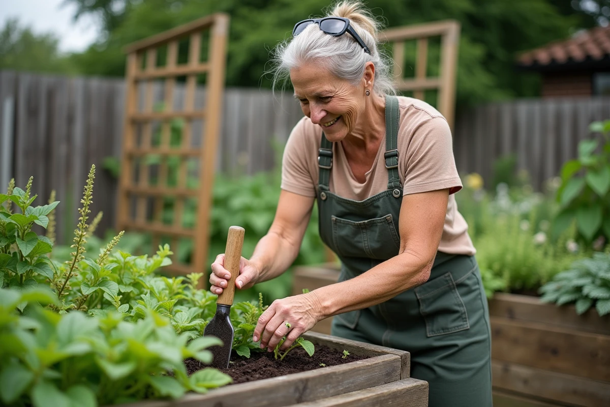 Femme en jardinage dans un jardin verdoyant et organisé