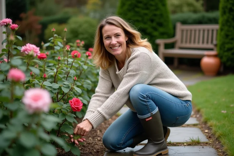 Femme en jeans et pull prune un rosier dans le jardin