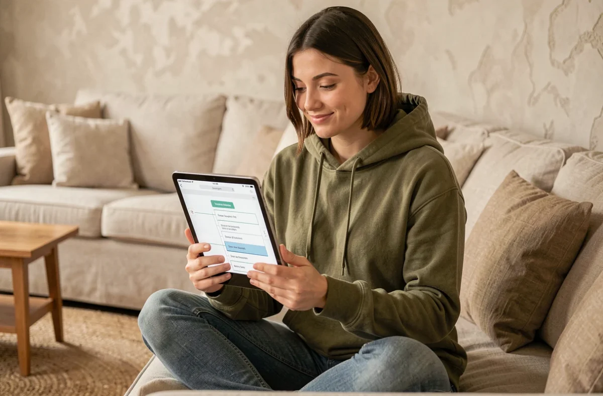 Jeune femme explorant les pages d'un site SEO via le sitemap sur une tablette depuis son salon