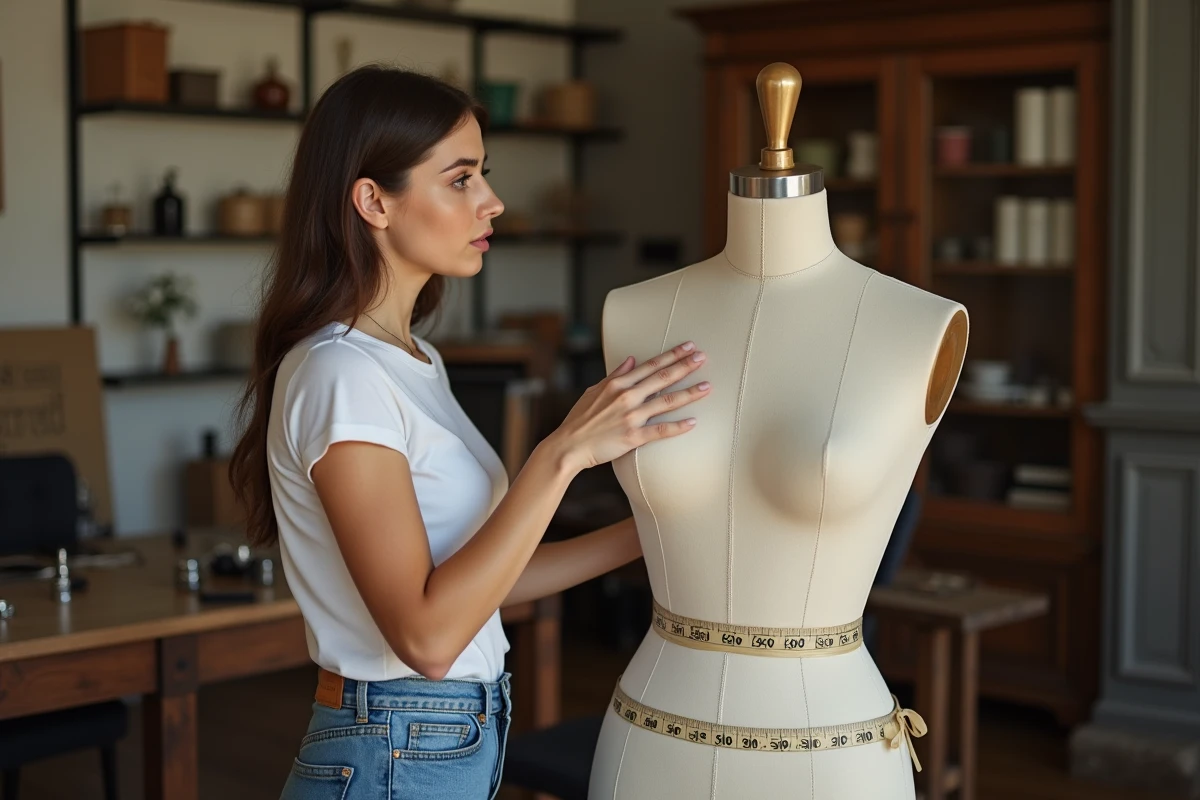 Jeune femme dans un atelier parisien avec mannequin vintage