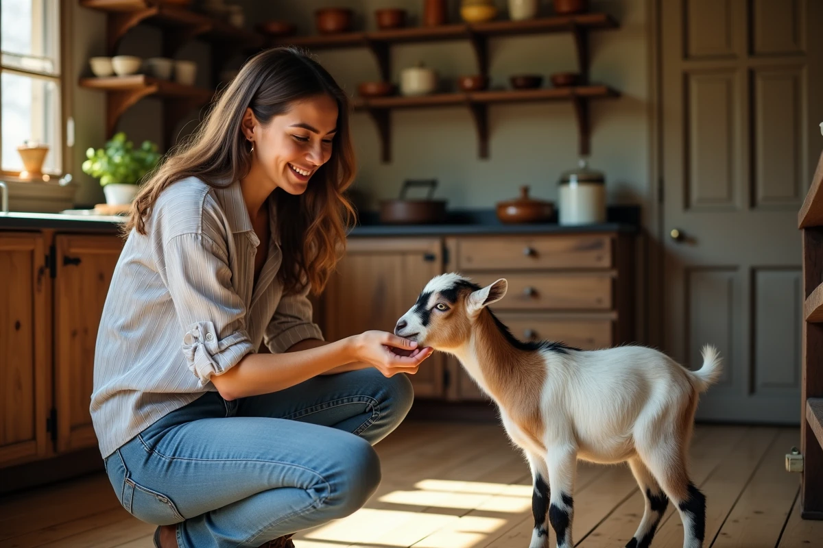 Jeune femme nourrissant un petit mouton dans une cuisine rustique