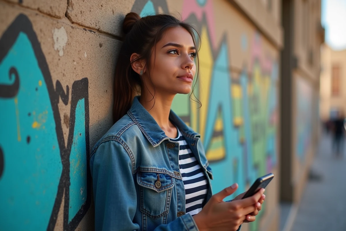 Jeune femme maghrebin regardant la rue avec art urbain