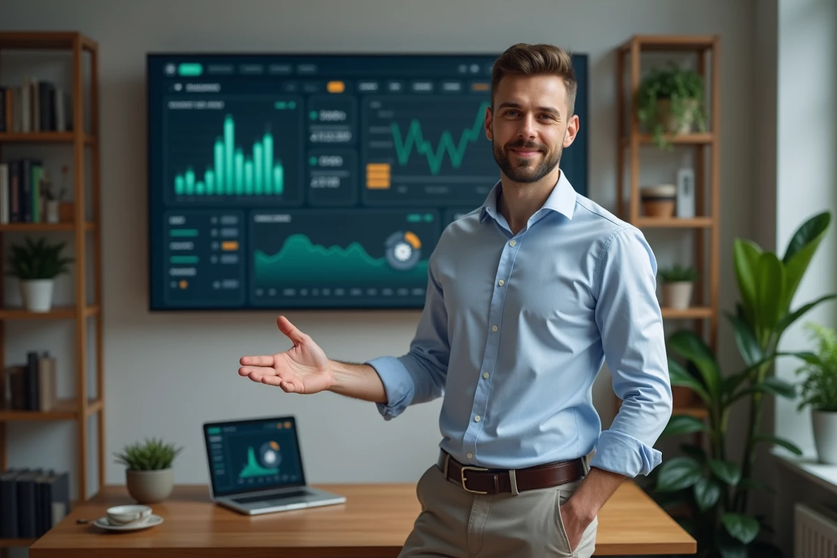 Jeune homme pointant un tableau financier dans un bureau cosy