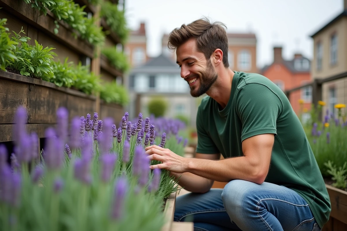 Jeune homme inspectant la lavande sur un balcon urbain