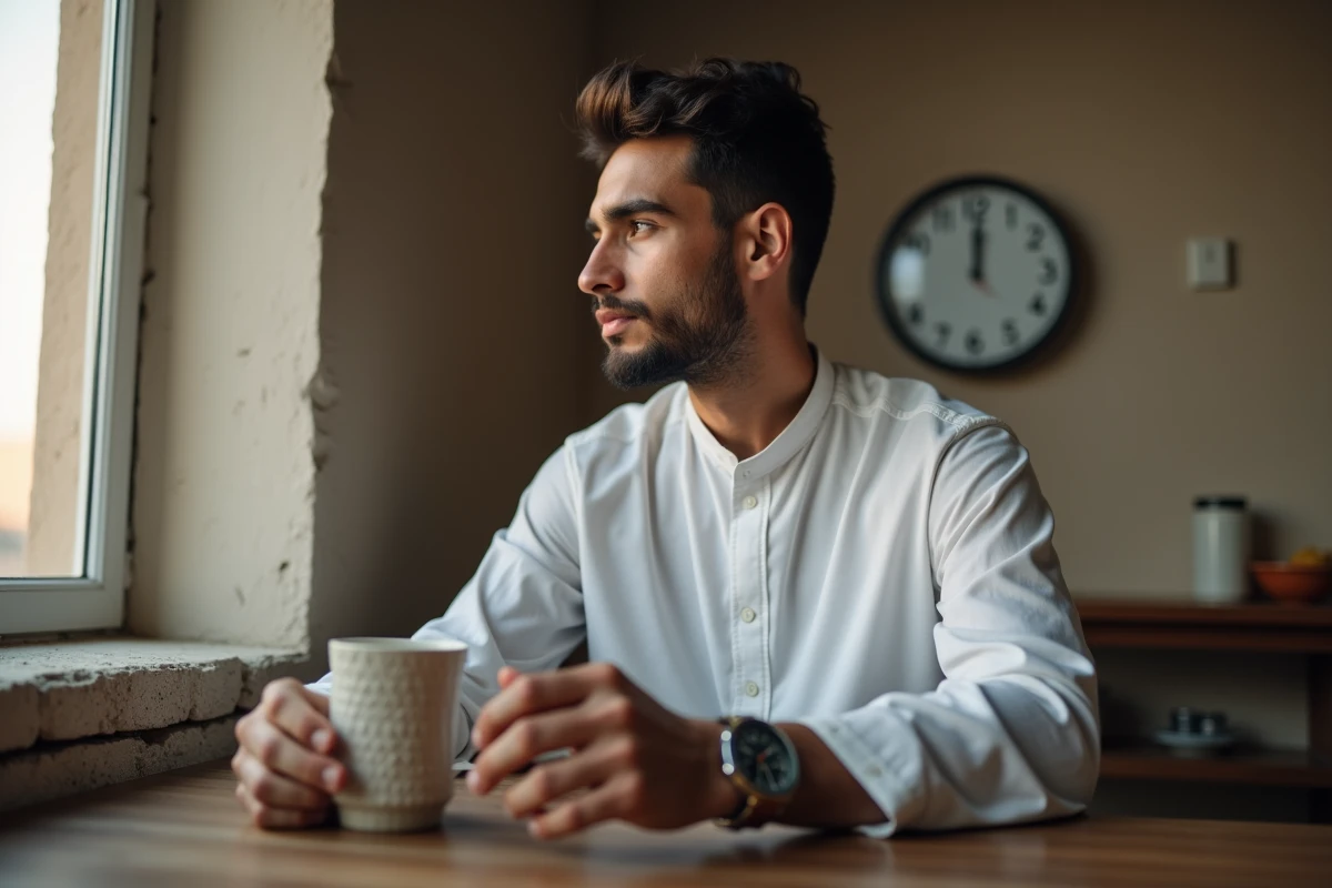 Jeune homme musulman en thobe regardant l'horloge