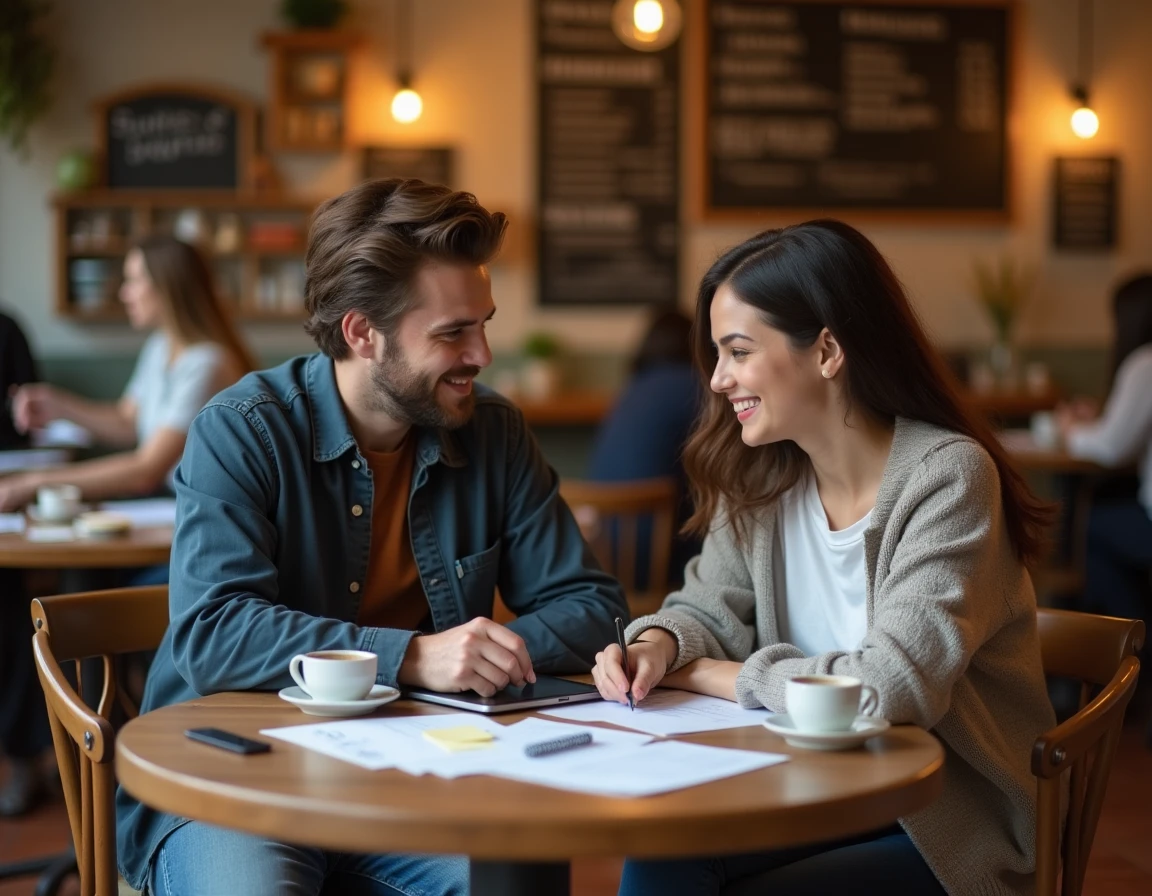 Deux jeunes entrepreneurs collaborant sur le lancement de leur entreprise autour d'un café dans une ambiance conviviale