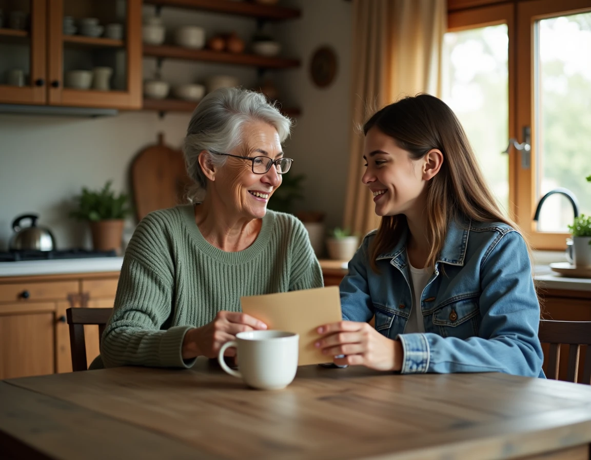 Marraine et filleule adolescente partageant une carte manuscrite autour d'une table en bois dans une cuisine chaleureuse