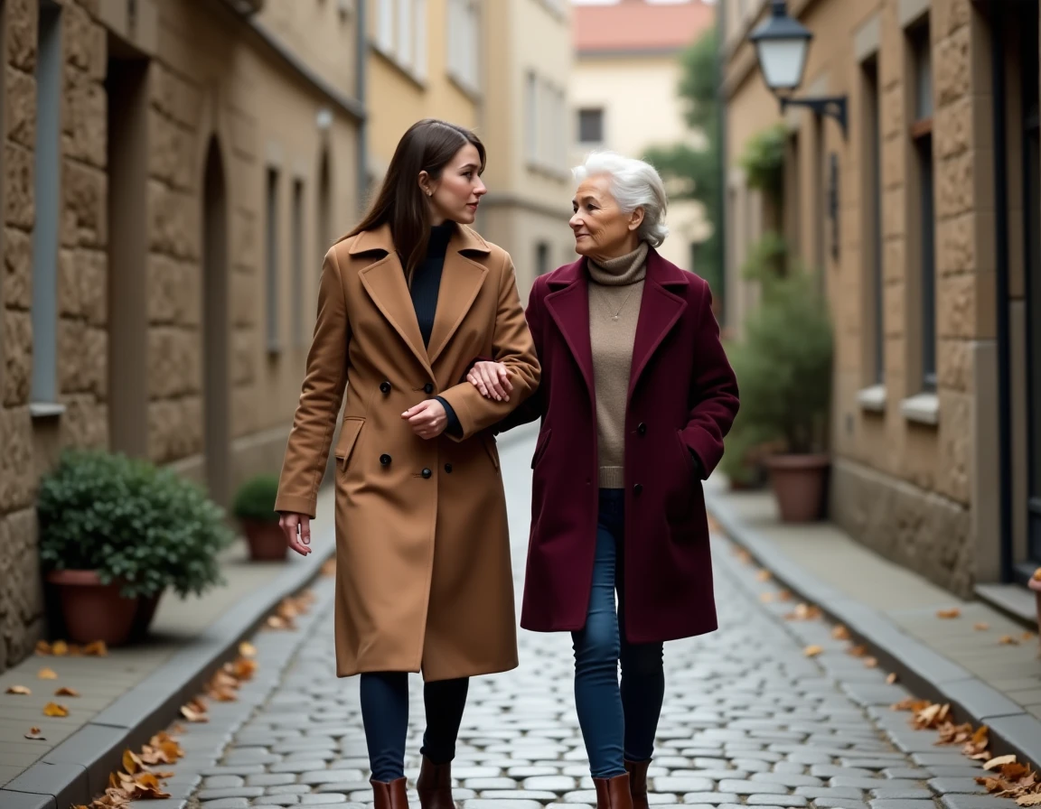 Marraine et filleule adulte se promenant bras dessus bras dessous dans une rue pavée en automne