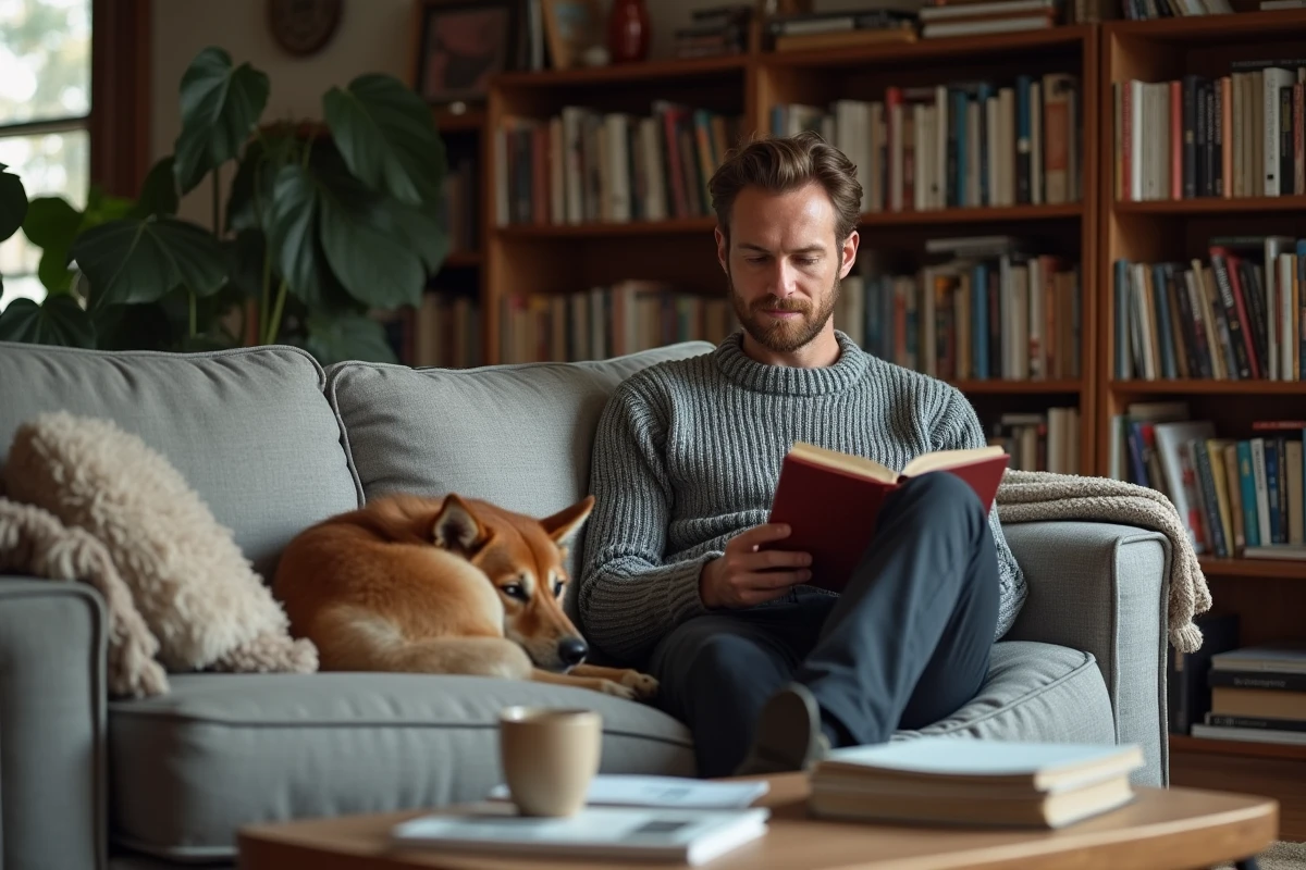 Homme lisant tranquillement sur un canapé avec son chien, scène intime et authentique de la vie privée à la maison