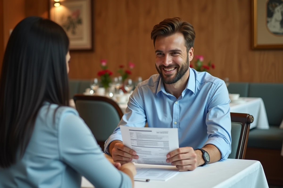 Futur marié négociant un devis traiteur avec un professionnel autour d'une table dans un restaurant élégant
