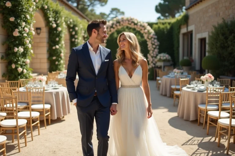 Couple heureux au cœur d'une salle de réception de mariage en plein air avec décoration florale et tables dressées