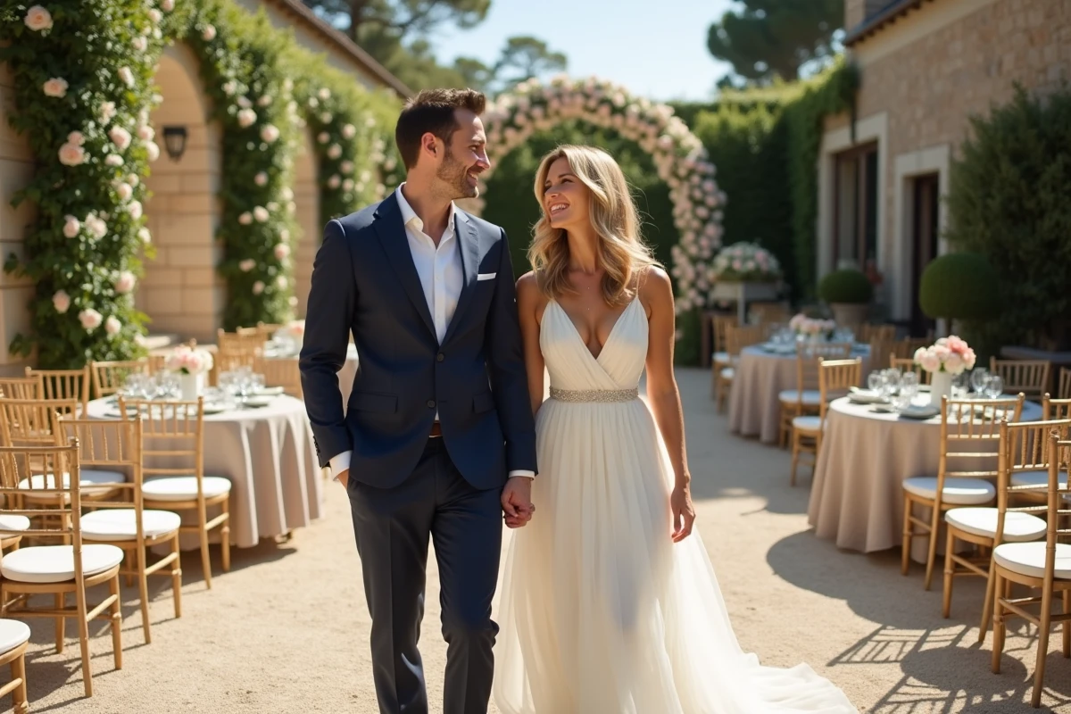 Couple heureux au cœur d'une salle de réception de mariage en plein air avec décoration florale et tables dressées