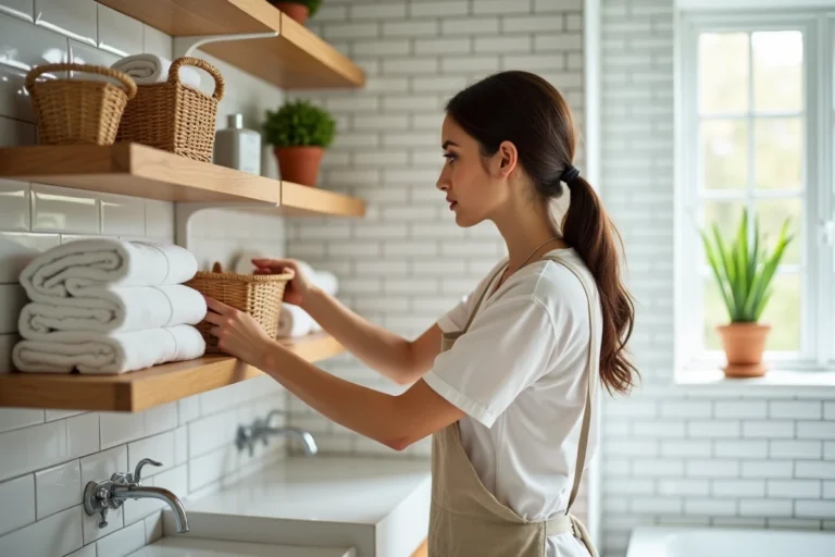 Femme organisant des étagères de salle de bain avec des paniers en osier et des serviettes pliées pour une maison bien rangée