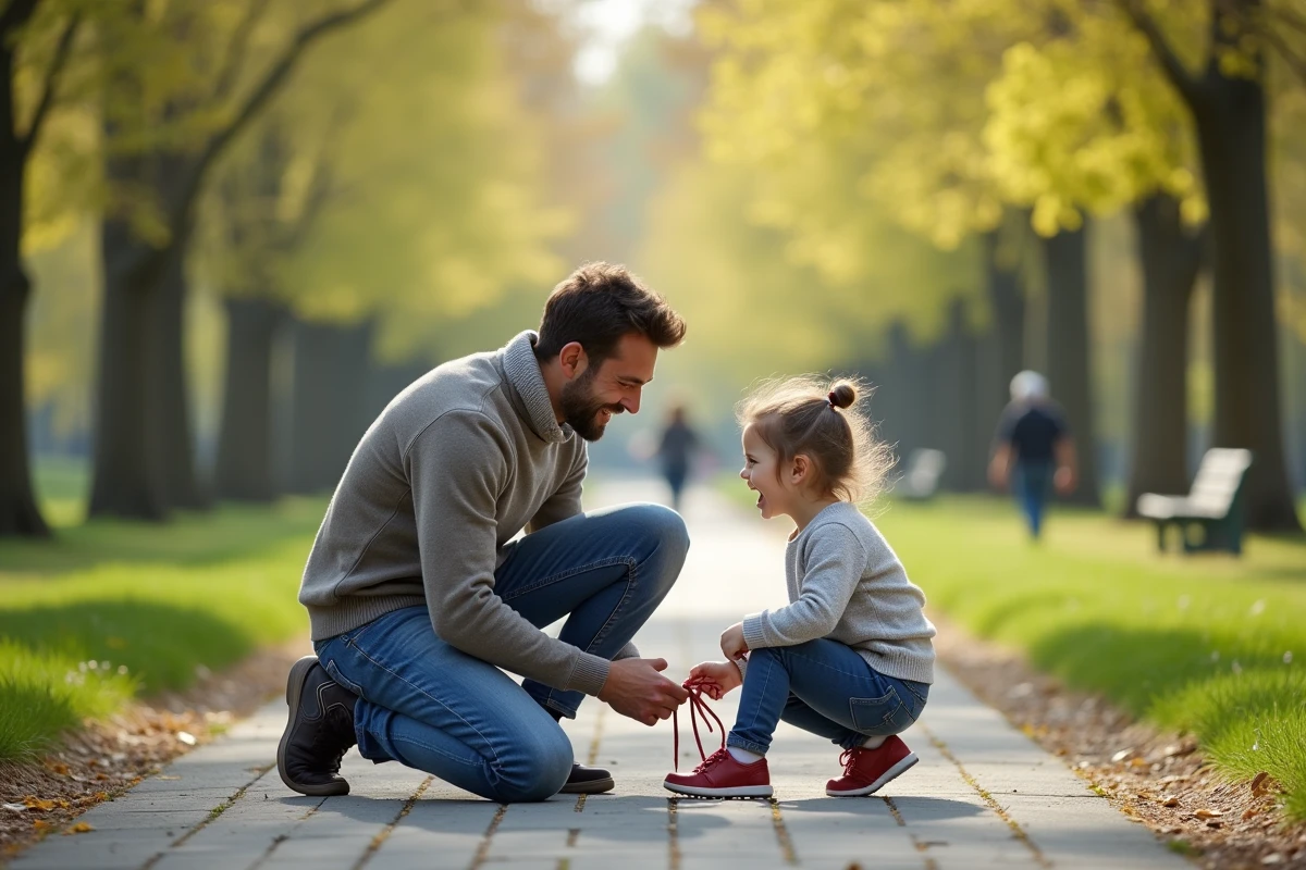 Père aidant sa fille à nouer ses chaussures dans un parc