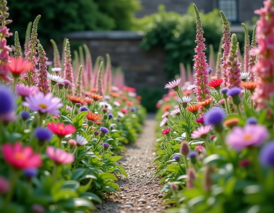 Parterre de fleurs sauvages en perspective au ras du sol avec cosmos, échinacées et digitales dans un jardin de campagne