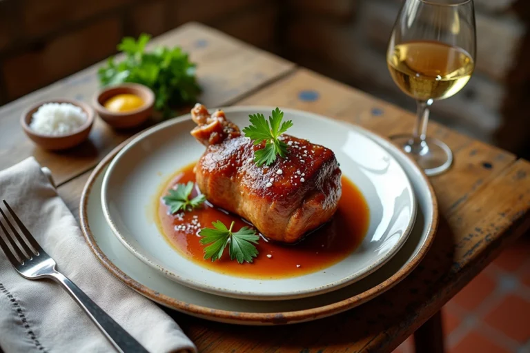 Pied de porc braisé servi sur assiette rustique dans un bistro français traditionnel, avec persil frais et moutarde