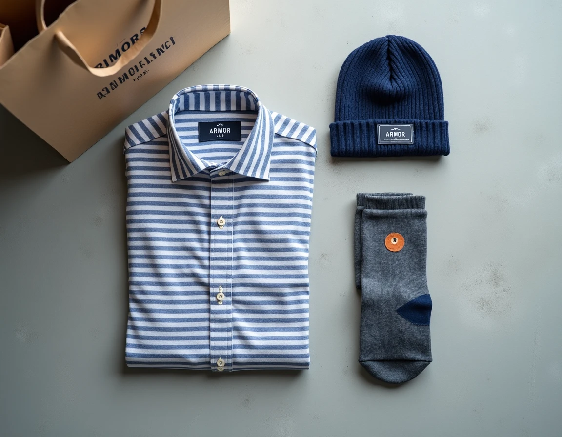Ensemble de produits Armor Lux marinière bonnet et chaussettes achetés chez Intermarché présentés en flat lay