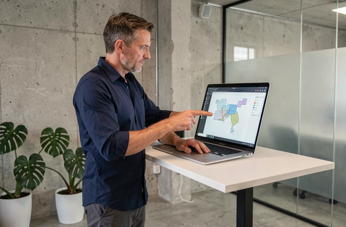Professionnel SEO analysant la structure d'un sitemap sur un ordinateur portable en agence