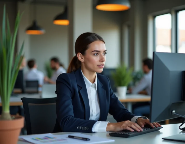 Une professionnelle du marketing digital analysant des données analytiques sur un grand écran dans un bureau moderne