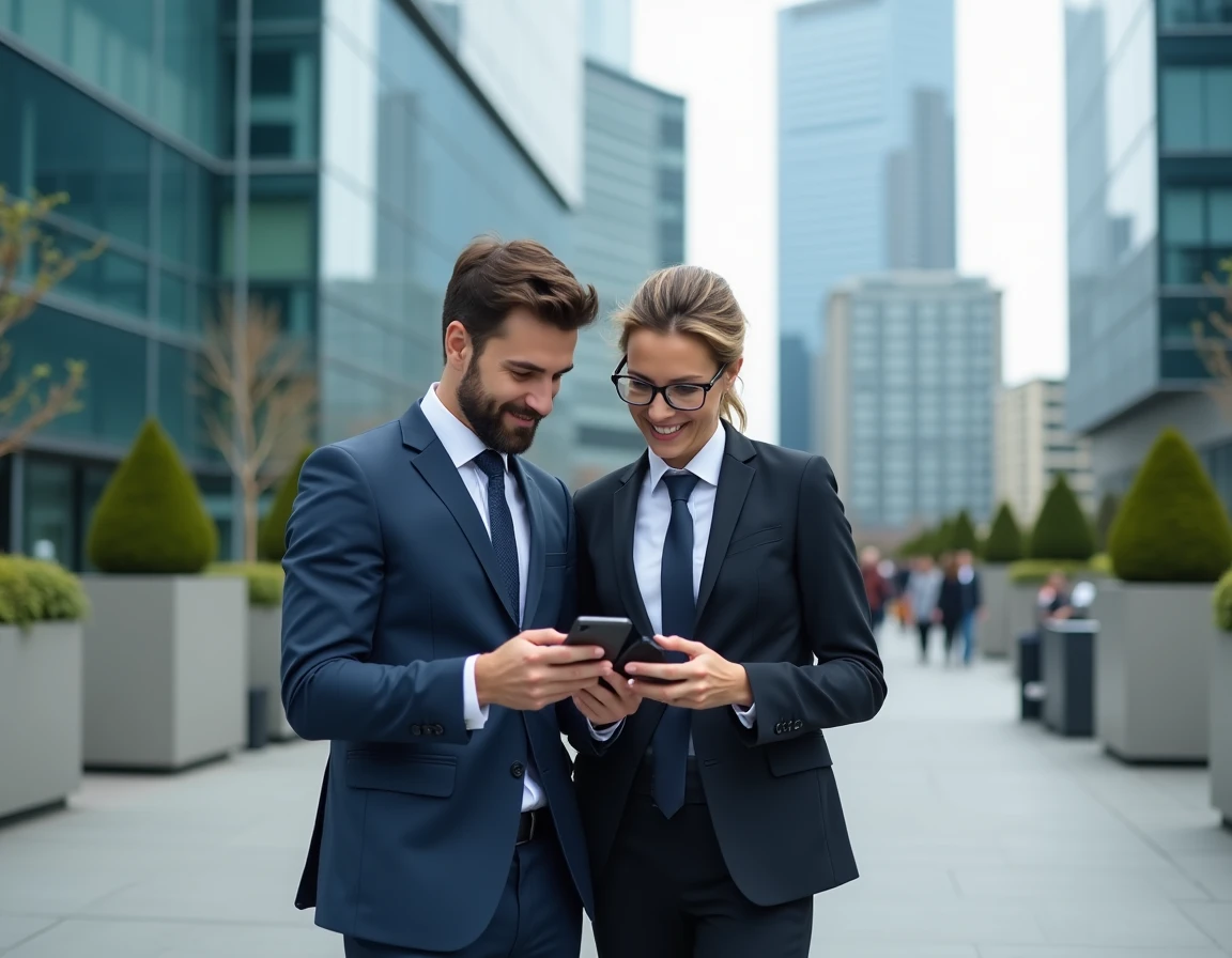 Deux professionnels français utilisant l'application Rabbit Finder dans le quartier d'affaires de La Défense