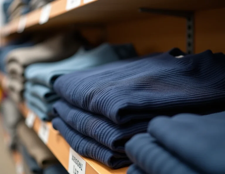 Pull marinière Armor Lux rayé bleu marine plié sur un rayon de supermarché Intermarché avec étiquette prix