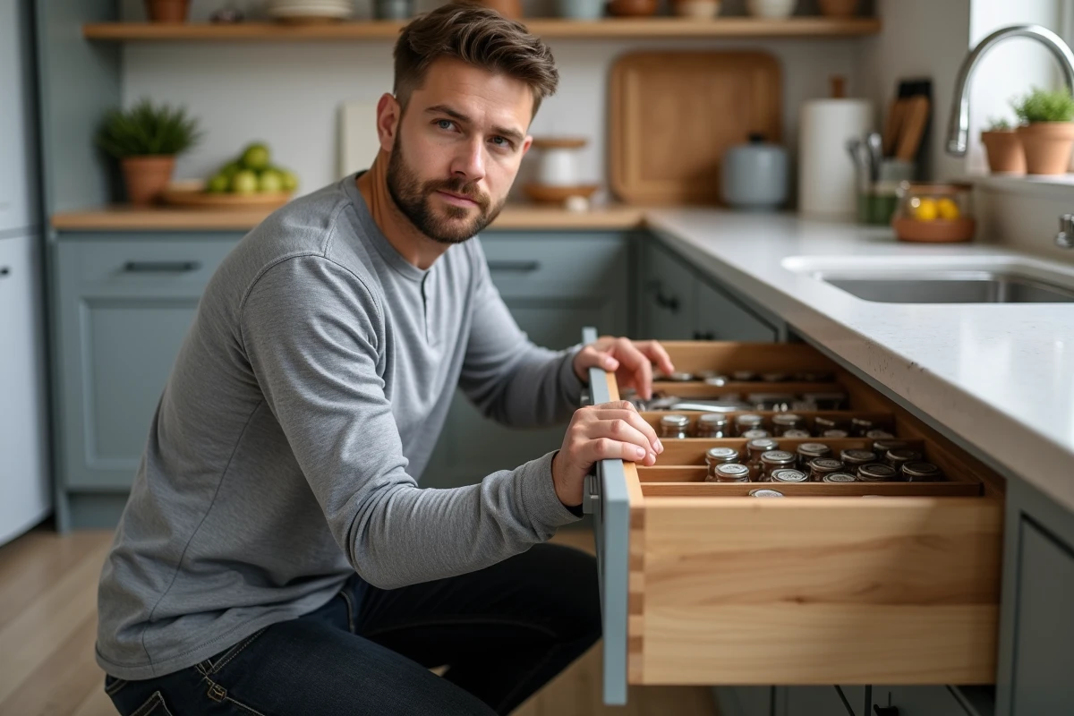 Homme organisant un tiroir de cuisine avec des séparateurs en bambou et des épices étiquetées pour optimiser l'espace