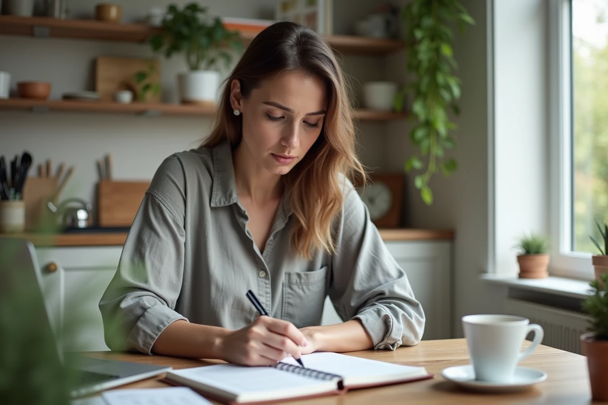 Femme répartissant le budget mariage par poste dans un carnet avec tableau et reçus sur une table en bois