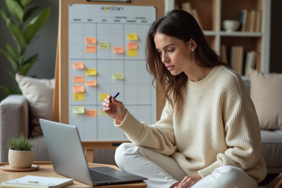 Femme construisant un rétroplanning de mariage avec des post-it sur un calendrier mural et un ordinateur portable