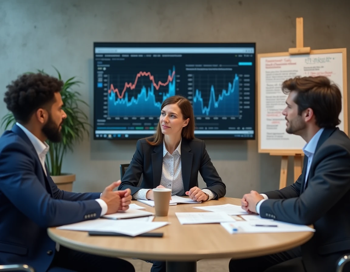 Groupe de professionnels en réunion d'affaires autour d'une table de conférence avec rapports et ordinateurs portables, tendances et actualités business