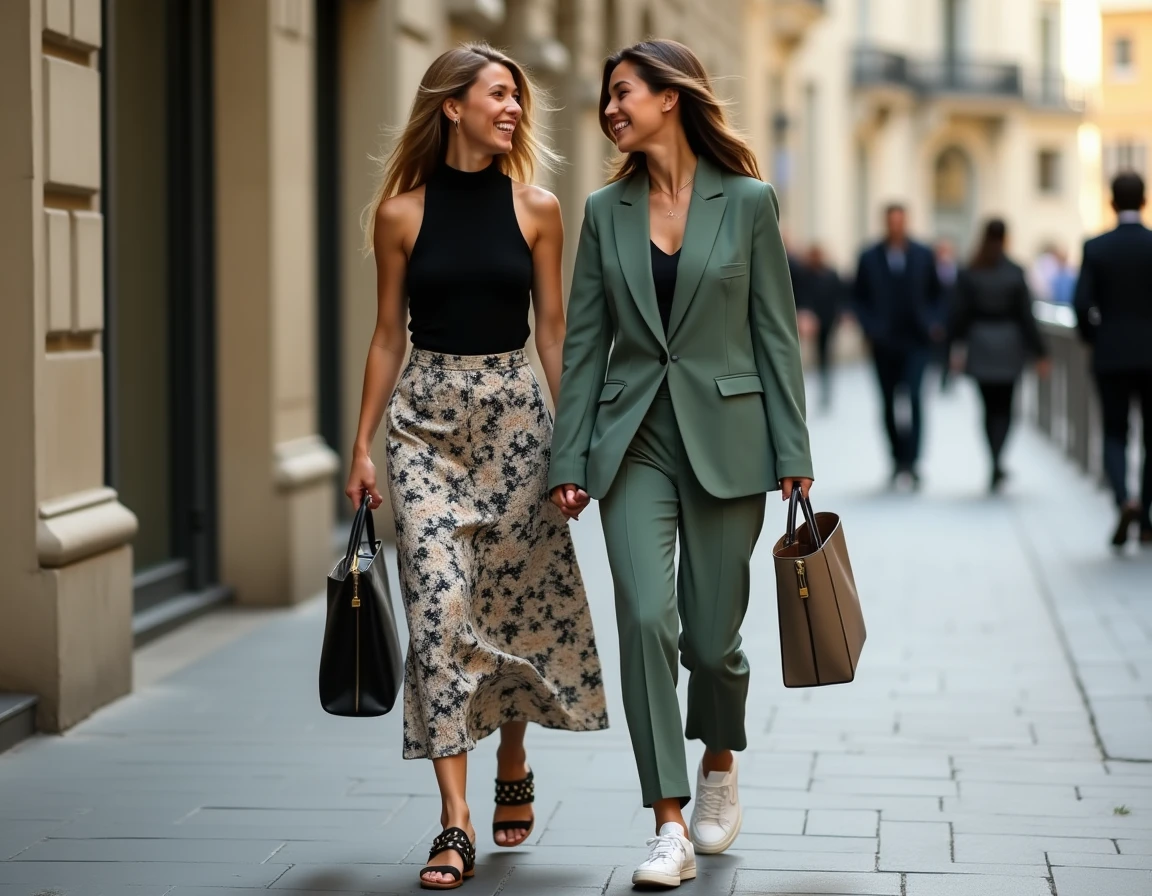 Deux femmes aux styles tendance complémentaires marchant et riant sur un boulevard parisien ensoleillé