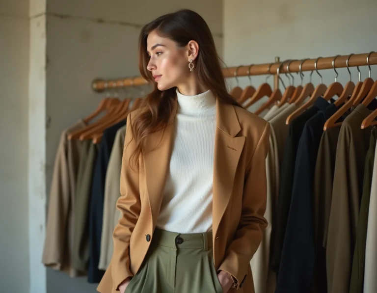 Jeune femme tendance en blazer camel et pantalon large vert kaki dans une boutique concept parisienne