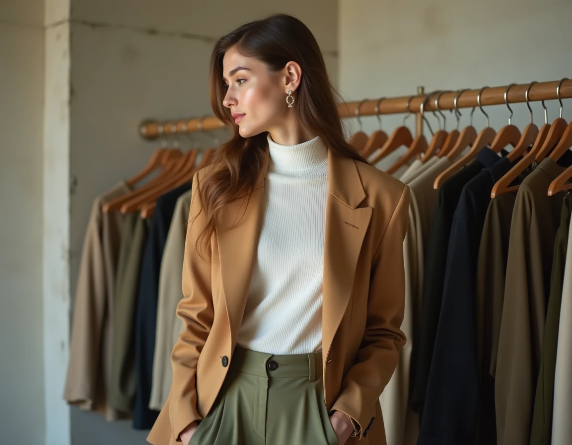 Jeune femme tendance en blazer camel et pantalon large vert kaki dans une boutique concept parisienne