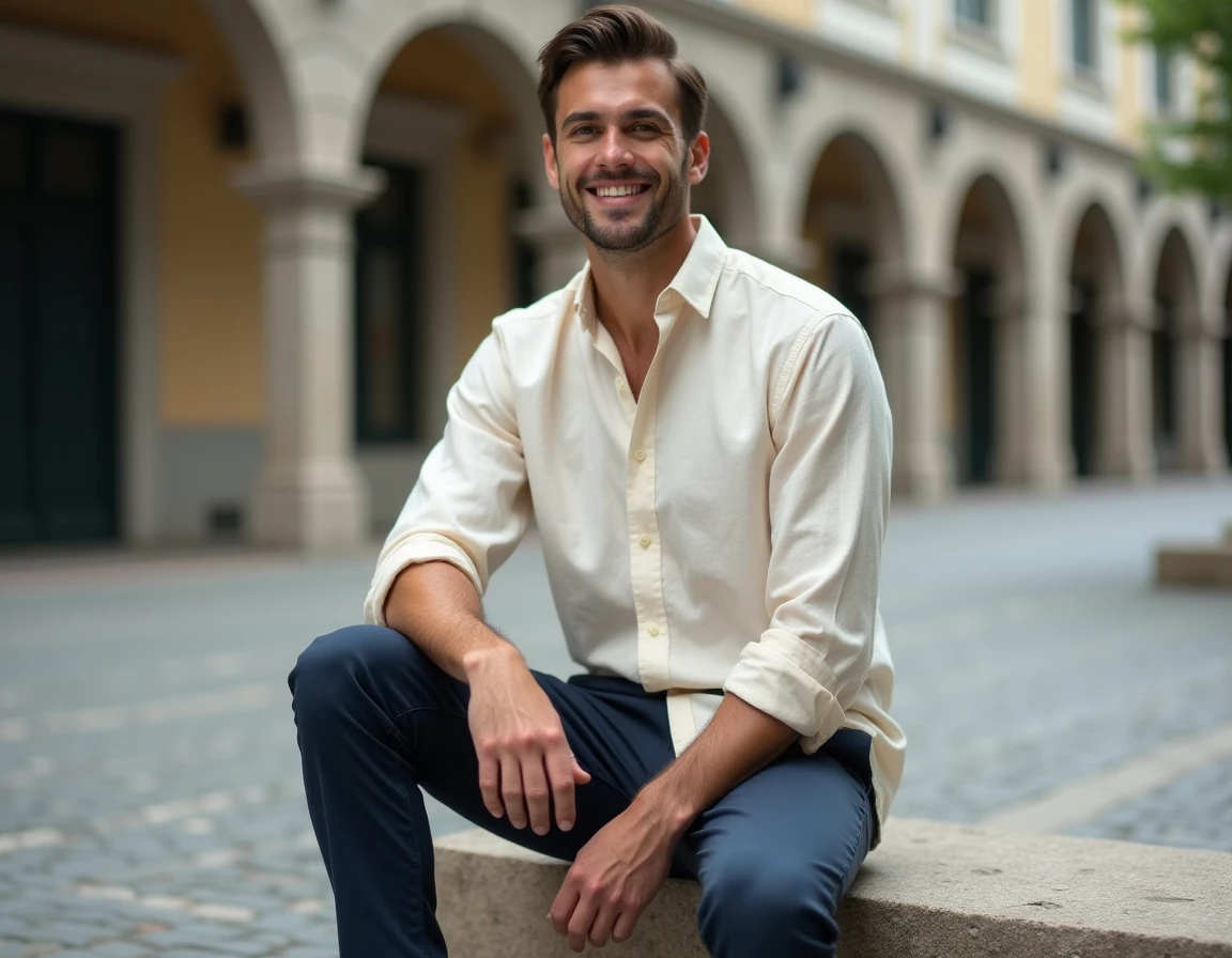 Homme stylé en chemise en lin écru et chino marine assis dans une place urbaine moderne