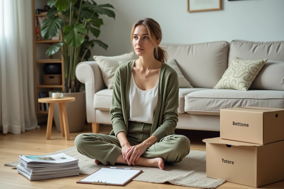 Femme triant des boîtes de rangement étiquetées dans un salon décoré en style scandinave pour une maison organisée