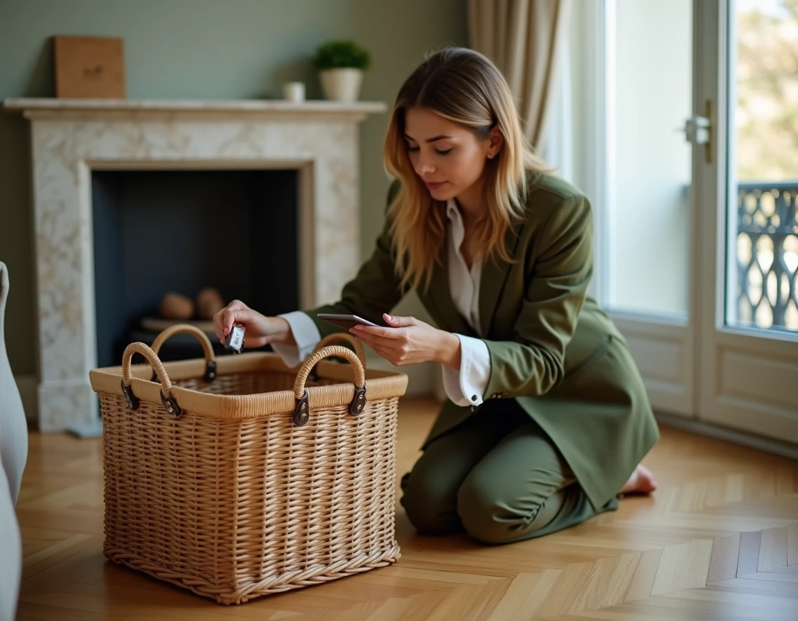 Une utilisatrice française fixant un tracker Rabbit Finder sur son sac dans un appartement parisien