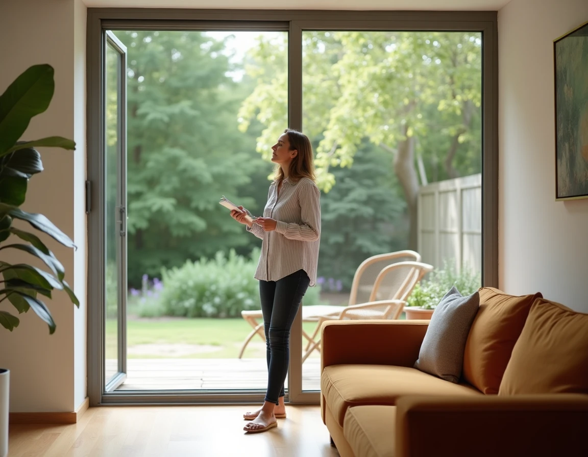 Femme inspectant un grand verre dormant dans un salon moderne avec vue sur jardin