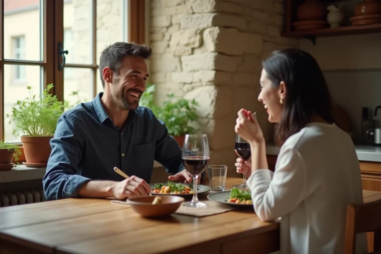 Couple partageant un repas convivial dans un appartement parisien chaleureux, illustrant la vie privée et le quotidien intime