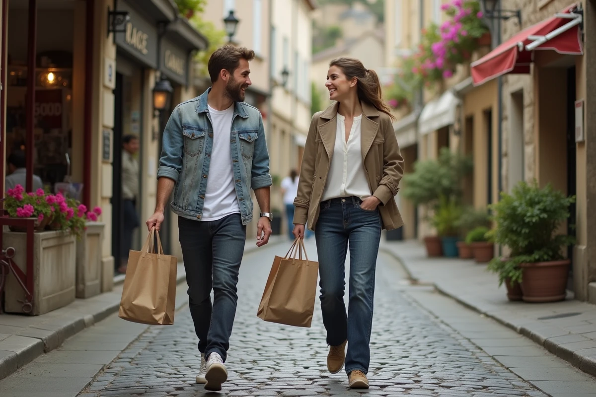 Homme et femme se promenant ensemble dans une rue pavée française, reflet d'une vie quotidienne partagée et complice