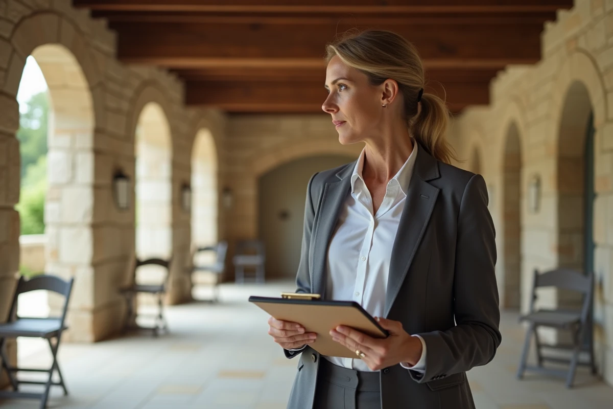 Coordinatrice de mariage visitant une salle de réception vide avec clipboard pour une visite technique du lieu