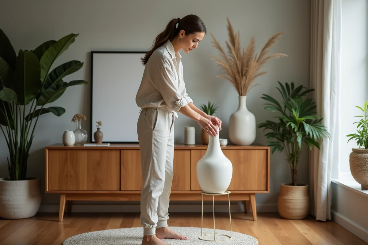Femme arrangeant des vases en céramique dans un salon moderne